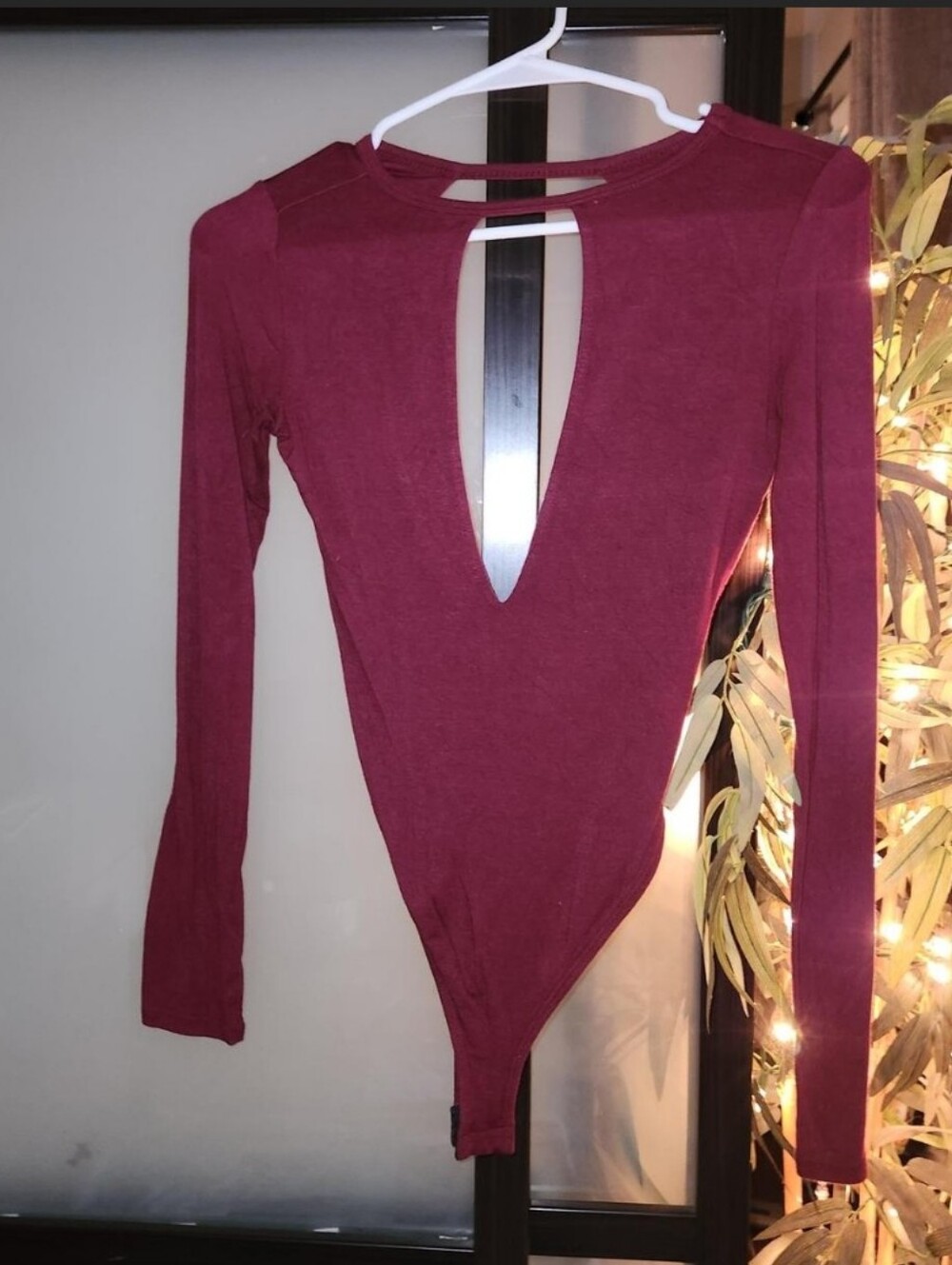 Sexy Burgundy Long-Sleeve Deep V Bodysuit With Cutouts